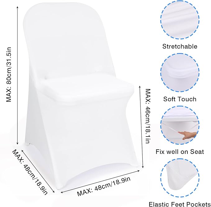 Fixwal 12 Pcs White Folding Chair Cover, Spandex Stretch Covers Ideal for Wedding, Party, Dining, Business Meeting, Banquet, Universal Fitted Washable Slipcover
