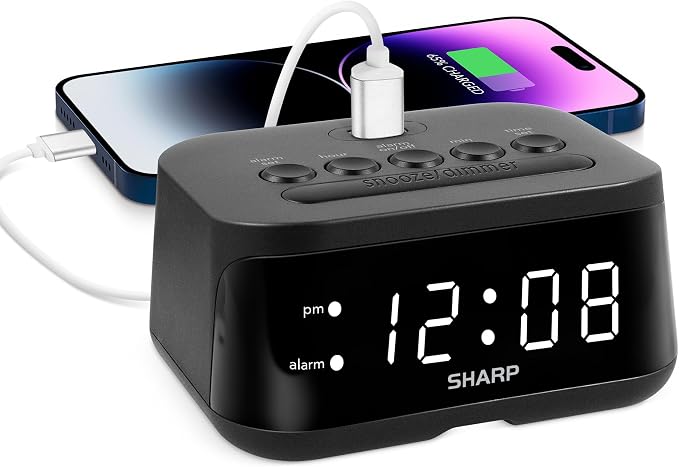 Sharp Digital Alarm Clock with USB 2 AMP Fast Charge Port & White LED Display by SHARP