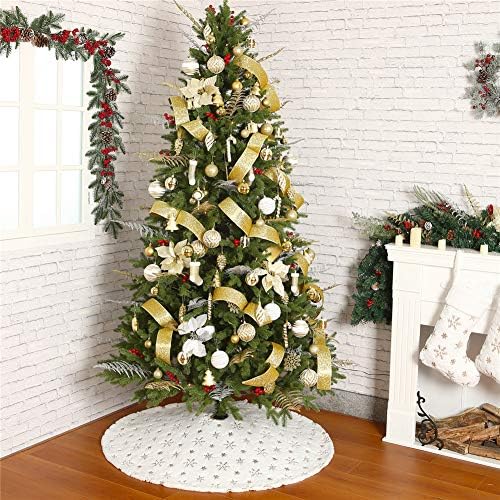 Sattiyrch Christmas Sequin Tree Skirt 48in, White Soft Thick with Golden Snowflakes Decorations for 8FT 9FT Xmas Tree - Image 5