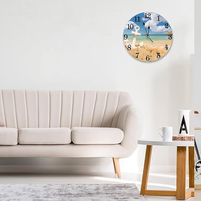 Sea Beach Starfish Nautical Anchor Wall Clock Battery Operated Silent Round Clock Wall Decor for Home Office School, 9.8 Inch