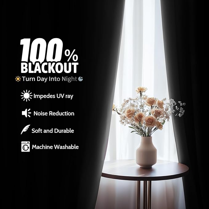 COSVIYA 100% Blackout Black Ombre Curtains for Bedroom with White Back, 2 Thick Layers Thermal Insulated Room Darkening Grommet Window Drapes, 52x63 Inch, 2 Panels
