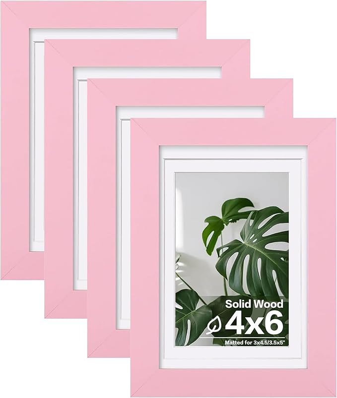 Egofine 4x6 Picture Frames with Plexiglass, Display Pictures 3x4.5 and 3.5x5 with Mat or 4x6 Without Mat Set of 4 for Tabletop and Wall Mounting, Pink
