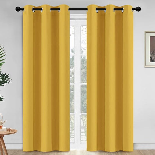 Yakamok Blackout Curtains Room Darkening Thermal Insulated Window Panels,Solid Grommet Top Drapes for Bedroom/Living Room(42Wx84L, Mustard Yellow, 2 Panels)
