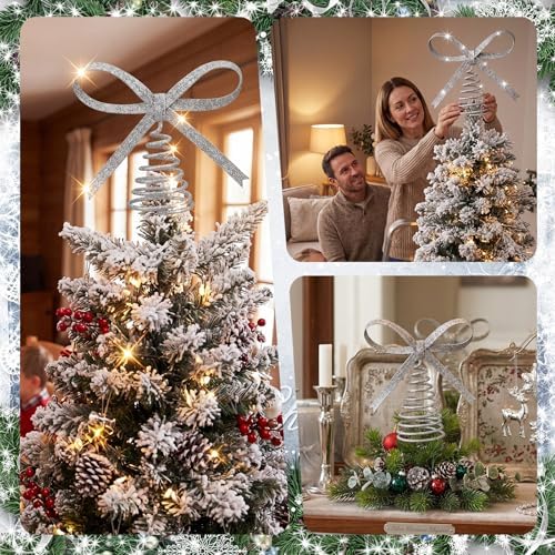 Gejoy Christmas Bow Tree Topper Silver Rhinestone Bow Tree Topper with Spiral Base for Holiday Xmas Party Christmas Decorations Wedding Birthday Party Gift - Image 6