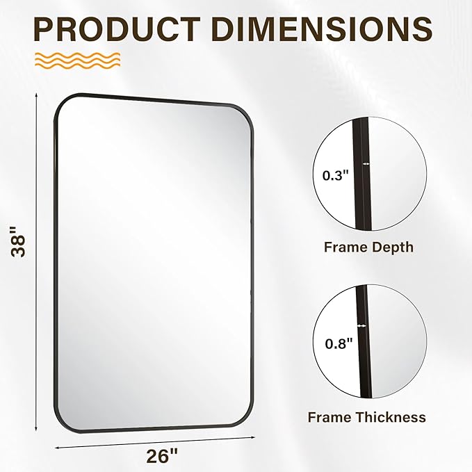 HARRITPURE Bathroom Mirror 38''x26'' - Black Wall Mirror for Over Sink, Aluminum Frame Rectangle Vanity Mirrors for Entryway Bedroom Living Room, Wall-Mounted Horizontally or Vertically