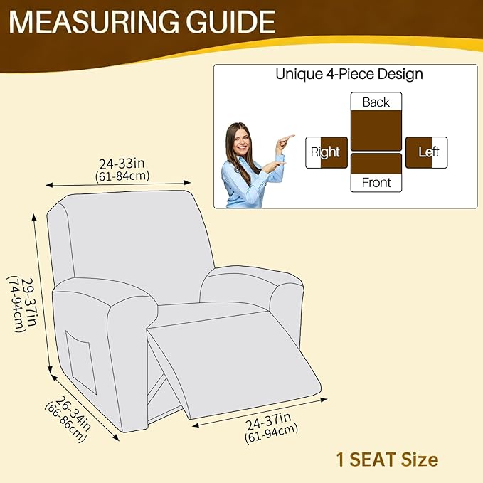 YEMYHOM 4 Pieces Stretch Recliner Slipcover Latest Jacquard Recliner Chair Cover with Side Pocket Anti-Slip Fitted Recliner Cover Couch Furniture Protector with Elastic Bottom (Recliner, Light Coffee)
