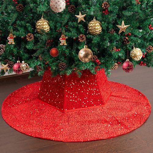 Mr. Pen- Red Sequin Christmas Tree Skirt and Tree Collar by MrPen