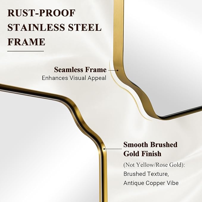 ANDY STAR 24"x36" Gold Mirror, Brushed Brass Scalloped Wall Mirror, Bathroom Mirror for Vanity, Wall Mirror with Aesthetic Scalloped Edge Design Ideal for Bathroom, Bedroom or Entryway
