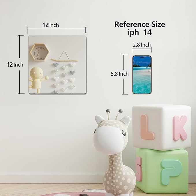 quegau 1Pcs 11.75"x11.75" Kids Safety Shatterproof Mirror for Wall, Plastic Mirror Wall Mounted, Made of Unbreakable Acrylic Non-Glass, Thick 1/8", Great for Bedroom Door Closet, Kids' Rooms Mirrors