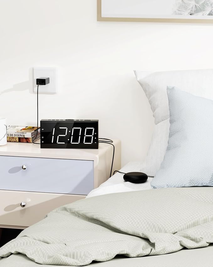 Alarm Clock for Heavy Sleepers with Bed Shaker, Vibrating Alarm Clock | Dual Alarms, USB Charger, 7.5" Large LED Display, 5 Dimmer, Snooze, 12/24H &DST, Plug in Clock with Memory Function - Image 8