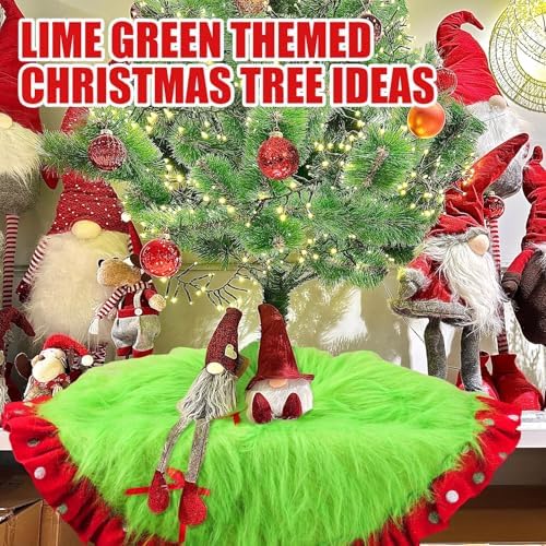 Hollowfly Red and Green Christmas Tree Skirt Furry Plush Lime Green Christmas Tree Skirts Whimsical Xmas Decorations Holiday Glittering Dot Mat Faux Round Carpet for Home Xmas Party Decor(36 Inch) - Image 5