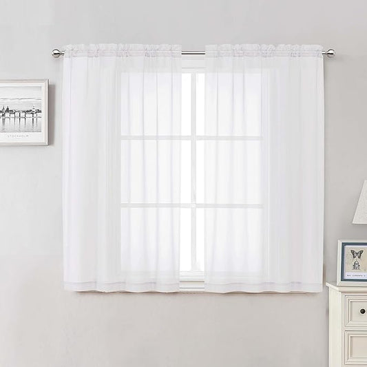 Lecloud White Sheer Curtains 50 Inch Length 2 Pcs, Light Filtering Voile Bathroom Curtains for Bedroom Basement Living Room, Farmhouse Window Treatments Rod Pockets Drapes, Each Panel 42" W x 50" L