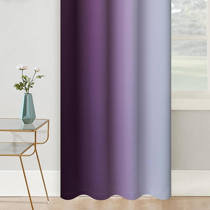 COSVIYA Grommet Ombre Room Darkening Curtains 45 inch Length, Purple and Greyish White Gradient Drapes Light Blocking Insulated Thermal Window Curtains for Bedroom/Living Room,2 Panels,42x45 inches