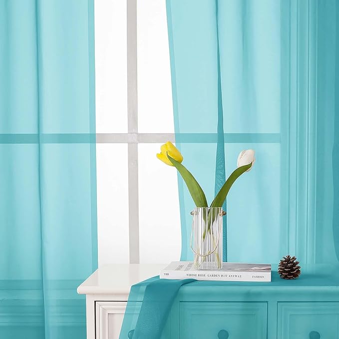 Lecloud Aqua Sheer Curtains for Bedroom 54 Inch Length 2 Pcs, Rod Pockets Solid Color Window Curtains for Living Room, Elegant Light Filtering Airy Voile Home Decor Drapes, Each Panel 42" W x 54" L