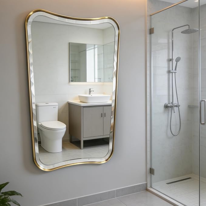 POZINO Brushed Gold Beveled Mirror, 30"x48" Irregular Aesthetic Floor Mirrors, Bathroom Vanity Mirror with Stainless Steel Frame, Butterfly Shape Wall Mirrors for Living Room Bedroom Hallway Entryway