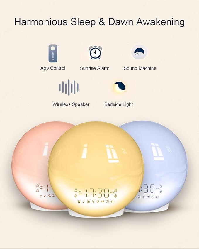 Smart Sunrise Alarm Clock with No Signup APP Control & Wake-Up Light, 4 Alarms, Sound Machine, FM Radio, Wireless Speaker, White - Image 3