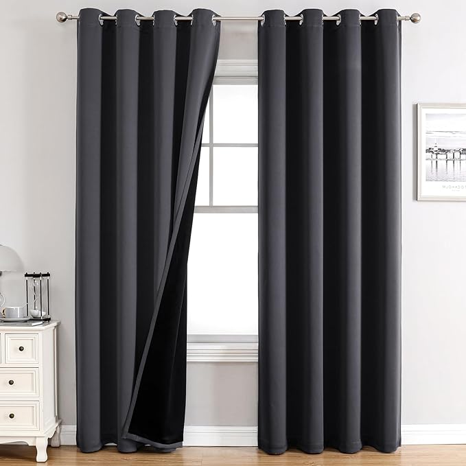 ChrisDowa 100% Blackout Curtains 90 inch Long for Bedroom with Black Liner, 2 Thick Layers Total Blackout Thermal Insulated Grommet Long Window Curtains 2 Panels Set (Dark Grey, 52 x 90 Inch)