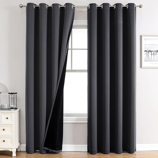 ChrisDowa 100% Blackout Curtains 90 inch Long for Bedroom with Black Liner, 2 Thick Layers Total Blackout Thermal Insulated Grommet Long Window Curtains 2 Panels Set (Dark Grey, 52 x 90 Inch)
