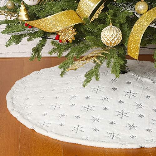 Christmas Sequin Tree Skirt 36in,White Soft Thick with Silver Snowflakes Decorations for 5FT 6FT 7FT Xmas Tree by Sattiyrch