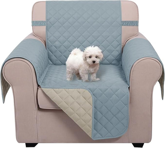 U-NICE HOME Recliner Chair Covers Reversible Chair Cover Pet Covers for Dogs with Elastic Straps Water Resistant Diamond Quilted (23''Armchair, Light Blue/Beige)