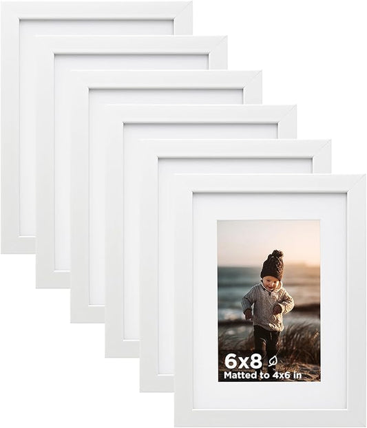 KINLINK 6x8 Picture Frame White Set of 6, Wooden Photo Frames Matted 4x6 with Plexiglass for 4x6 with Mat or 6x8 without Mat for Table and Wall Display