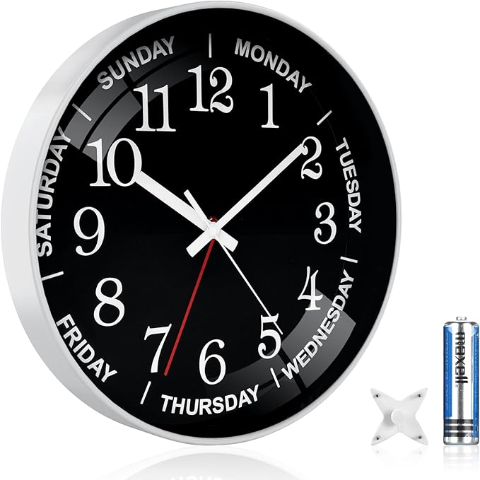 12 Inch Day of Week Wall Clock, Non Ticking Modern Clocks Battery Operated，Analog Day Clock for Seniors Eldly，Classic for Office Home Classroom Bedroom School,Unique Gift Clock