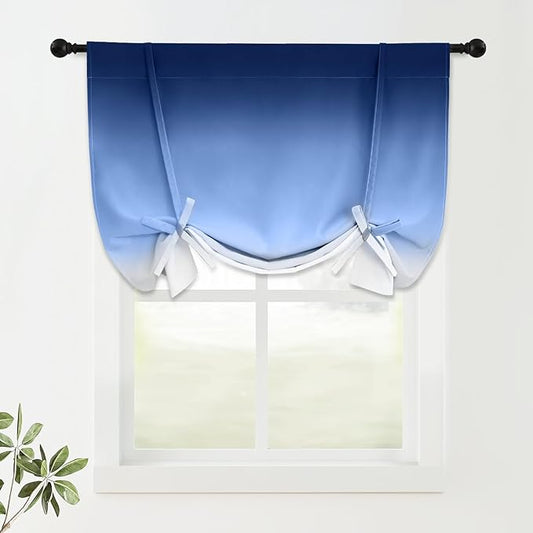 COSVIYA 100% Blackout Ombre Blue Adjustable Tie Up Curtains for Kitchen Thermal Insulated Room Darkening Valance Rod Pocket Balloon Roman Shade for Small Window,48" L x 34" W, 1 Panel