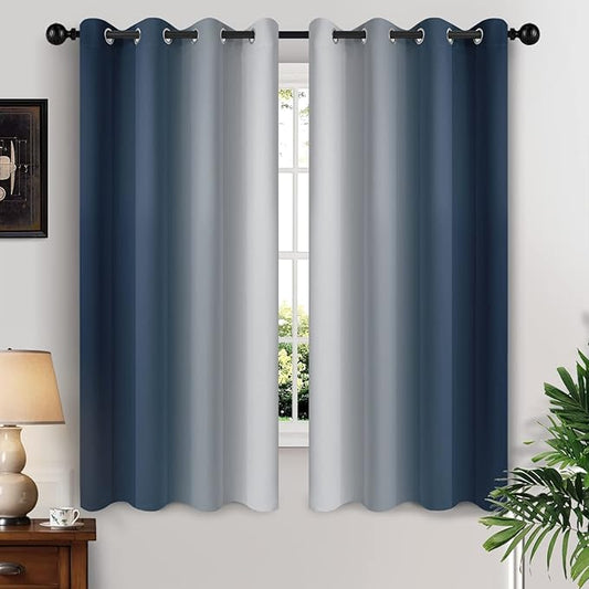 Yakamok Room Darkening Ombre Curtains 63 Inch Length, Navy Blue and Greyish White Thermal Insulated Gradient Color Curtains,Light Blocking Grommet Window Drapes for Bedroom,52 Inch Width,2 Panels