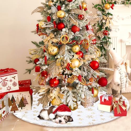 Christmas Tree Skirt 48Inch, Holiday Part Decorations for Christmas Tree, Whit Plush Glod Sequin Snowflake Tree Shirt for Xmas - Image 5