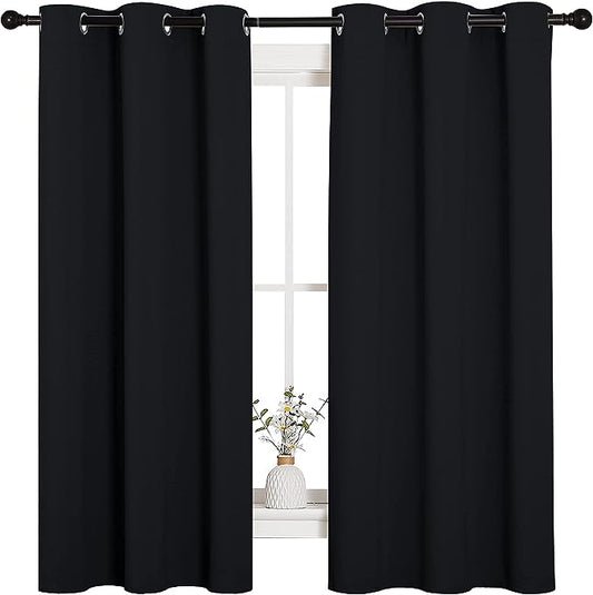 NICETOWN Halloween Pitch Black Solid Thermal Insulated Grommet Blackout Curtains/Drapes for Bedroom Window (2 Panels, 42 inches Wide by 63 inches Long, Black)