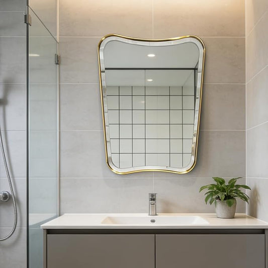 POZINO Brushed Gold Beveled Mirror, 22"x30" Premium Bathroom Vanity Mirror with Stainless Steel Frame, Antique Brass Butterfly Shape Aesthetic Wall Mirrors for Living Room Bedroom Hallway Entryway
