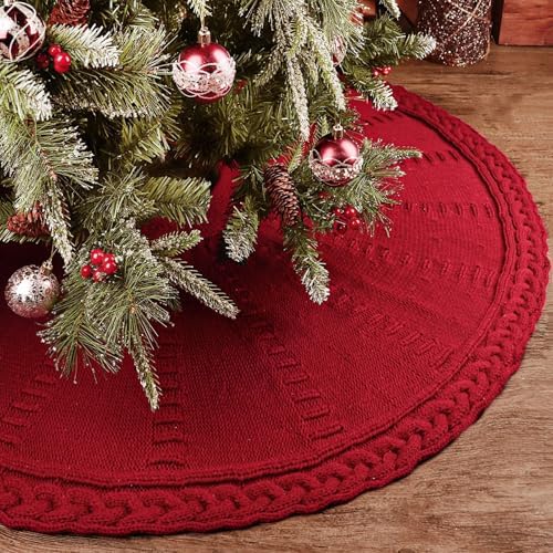 48 inch Christmas Tree Skirt: Braided Cable Knit Tree Skirt for 7.5ft Tree, Wine Red Tree Skirt, Vintage Tree Skirts, Rustic Farmhouse Christmas Decorations - Image 5