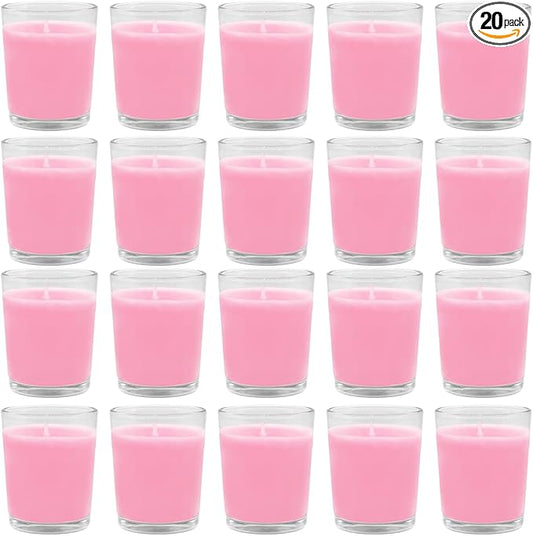 Set of 20 Pink Votive Candles Clear Glass Filled Unscented Soy Wax Candle for Home Spa Weddings Romantic Holiday Party and DIY