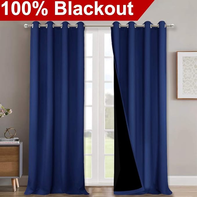 NICETOWN Full Shading Curtains 90" Long 2 Panels Set for Windows, Royal Blue, Pack of 2, 52" W, Super Heavy-Duty Black Lined Blackout Curtains for Bedroom, Privacy Assured Window Treatment
