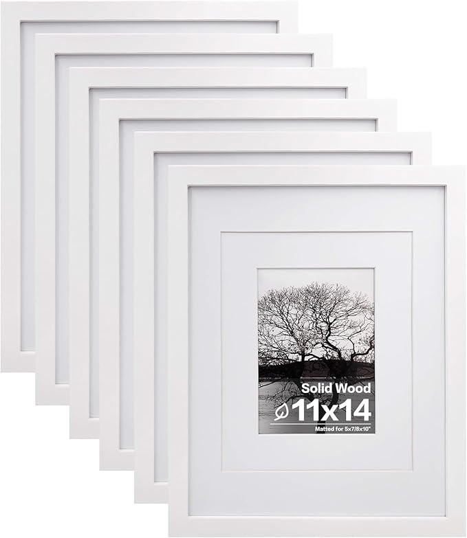 Egofine 11x14 Picture Frames Made of Solid Wood 6 PCS White Covered by Plexiglass - for Table Top and Wall Mounting for Pictures 8x10 or 5x7 with Mat Horizontally or Vertically Display Photo Frame