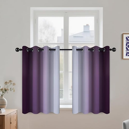 COSVIYA Grommet Ombre Room Darkening Curtains 36 inch Length, Purple and Greyish White Gradient Drapes Light Blocking Insulated Thermal Window Curtains for Bedroom/Living Room,2 Panels,52x36 inches