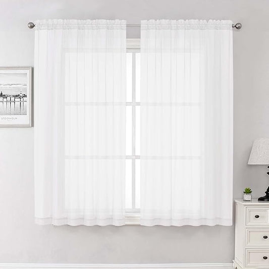 Lecloud White Sheer Curtains 63 Inch Length 2 Pcs, Light Filtering Rod Pockets Window Curtains for Bedroom, Soft Voile Home Drapes for Living Room Bathroom Home Office, Each Panel 59" W x 63" L