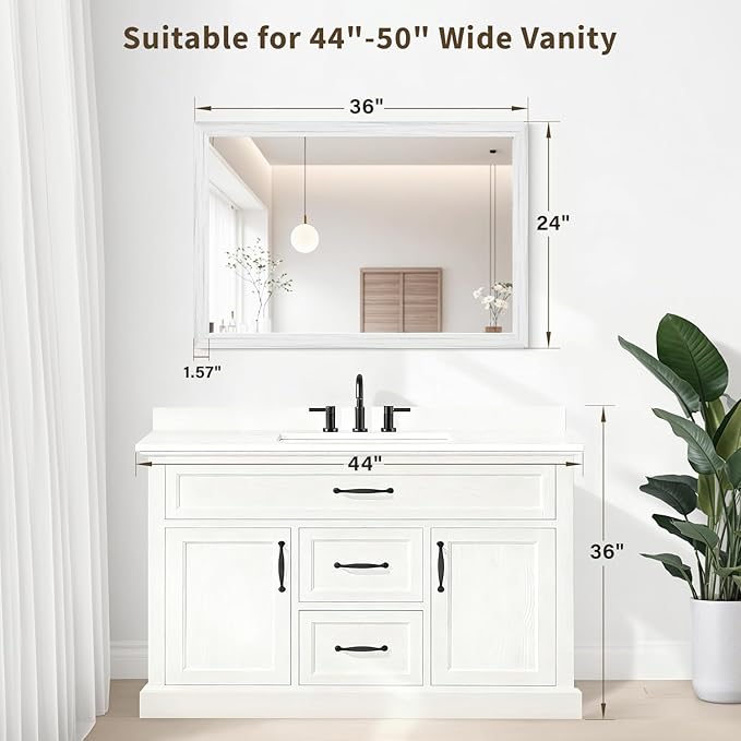 White Wood Effect Framed Wall Mirror, 24x36 Rectangle Mirror, Anti-desilvering Tempered Glass, Sustainable& Sturdy Frame, Farmhouse Mirror, Anti-Rust, 3min Fast Setup for Bathroom Living Room
