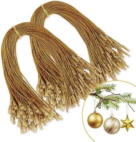 CCINEE 200 Pcs 7.9" Inch Christmas Ornaments String Hanger,Precut Ribbon Hook Metallic Gold Ornament String with Snap Fastener for Christmas Holiday Ornaments Hanging Decoration by CCINEE