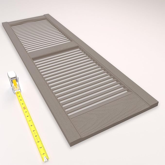 12"W x 80"H Lifetime Vinyl, Standard Cathedral Top Center Mullion, Open Louver Shutters, w/Installation Shutter-Lok's & Matching Screws (Per Pair), Clay