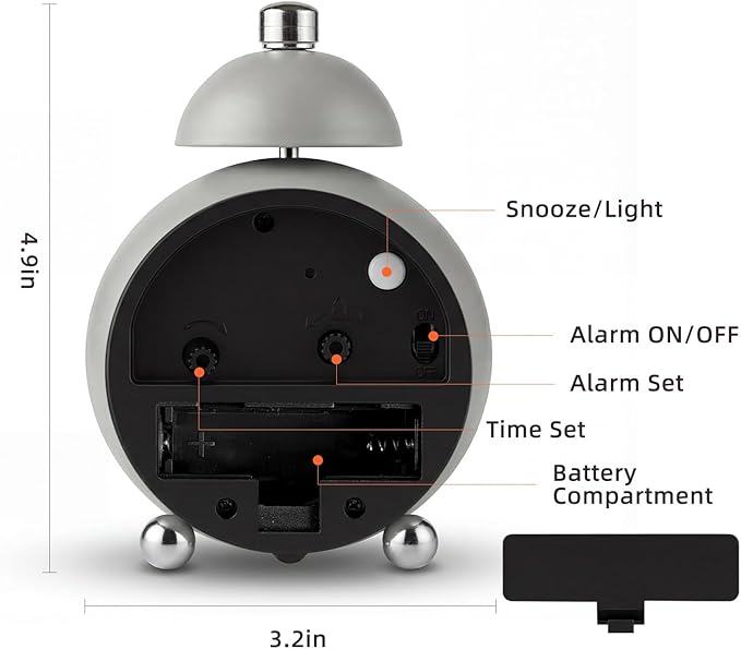 Analog Alarm Clock, Mid-Century Modern Desk Clock, Silent Non-Ticking Quartz Table Clock with Black Hands, Battery Operated Decorative Clock for Bedroom, Office, Living Room (Grey)