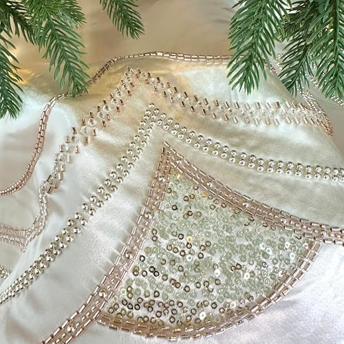 60-Inch Beaded Scalloped Christmas Tree Skirt in Foam-Lined Satin, Button-Loop Closures, Pearl White - Image 5