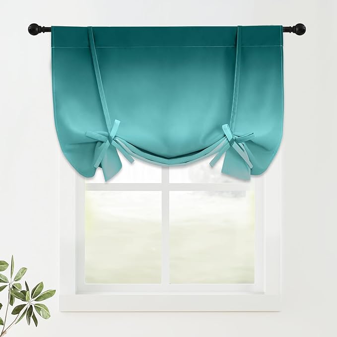 COSVIYA 100% Blackout Ombre Teal Adjustable Tie Up Curtains for Kitchen Thermal Insulated Room Darkening Valance Rod Pocket Balloon Roman Shade for Small Window,48" L x 34" W, 1 Panel
