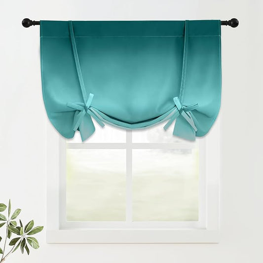 COSVIYA 100% Blackout Ombre Teal Adjustable Tie Up Curtains for Kitchen Thermal Insulated Room Darkening Valance Rod Pocket Balloon Roman Shade for Small Window,48" L x 34" W, 1 Panel