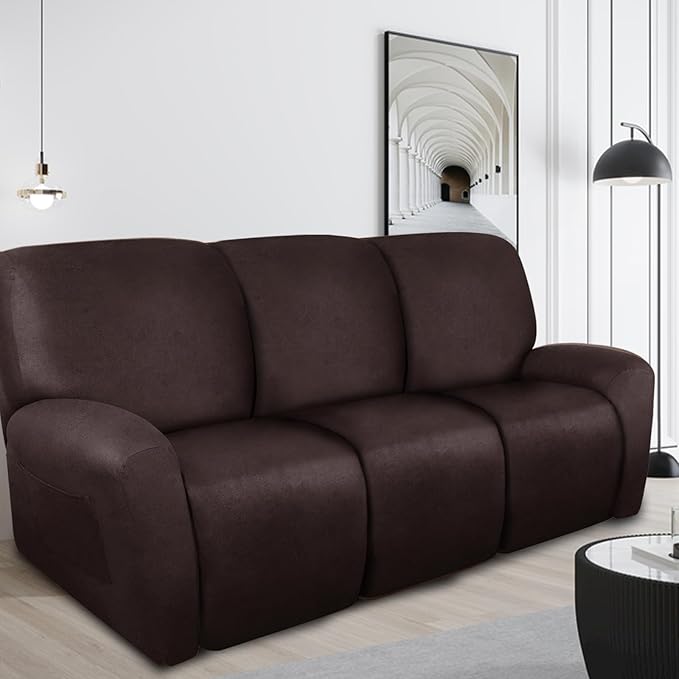 ANARACHON Recliner Couch Cover Leather Look Recliner Sofa Covers for 3 Cushion Reclining Sofa Slipcovers 8-Pieces Furniture Protector Spandex Fabric Washable (3 Seater, 01 Chocolate)