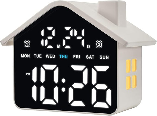Plumeet Digital Alarm Clock, Bedroom Clock with Large Numbers, Date, Week, Dual Alarms, Dimmer and Ambient Light, House-Shaped Electric Bedside Desk Clock, Adapter Batteries Powered, White by Plumeet