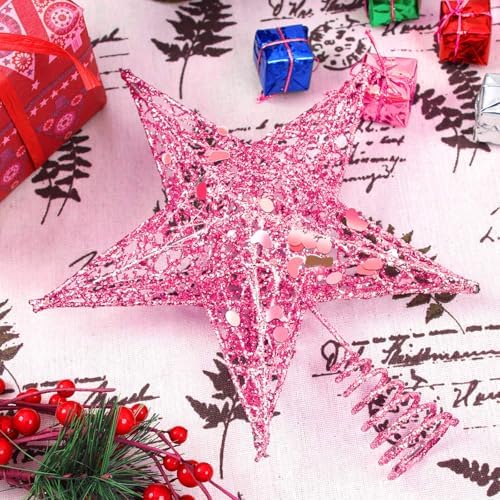 URATOT Glittered Christmas Tree Topper Metal Christmas Treetop Hallow Wire Star Topper for Christmas Home Decoration (8 inches, Pink) - Image 5