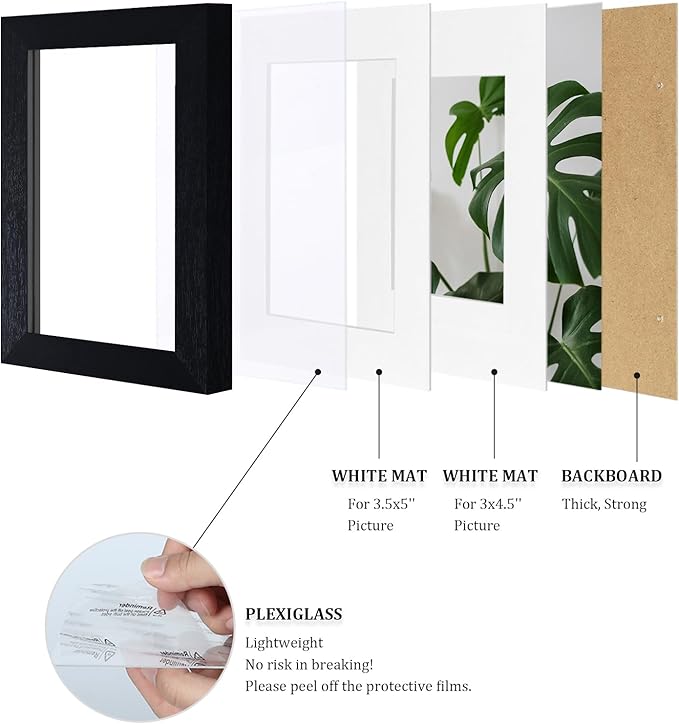 Egofine 4x6 Picture Frames 4PCS Covered by Plexiglass, for Picture 3x4.5/3.5x5 with Mat or 4x6 whitout Mat, Made of Solid Wood for Table Top Display and Wall Mounting Photo Frame, Black with Texture