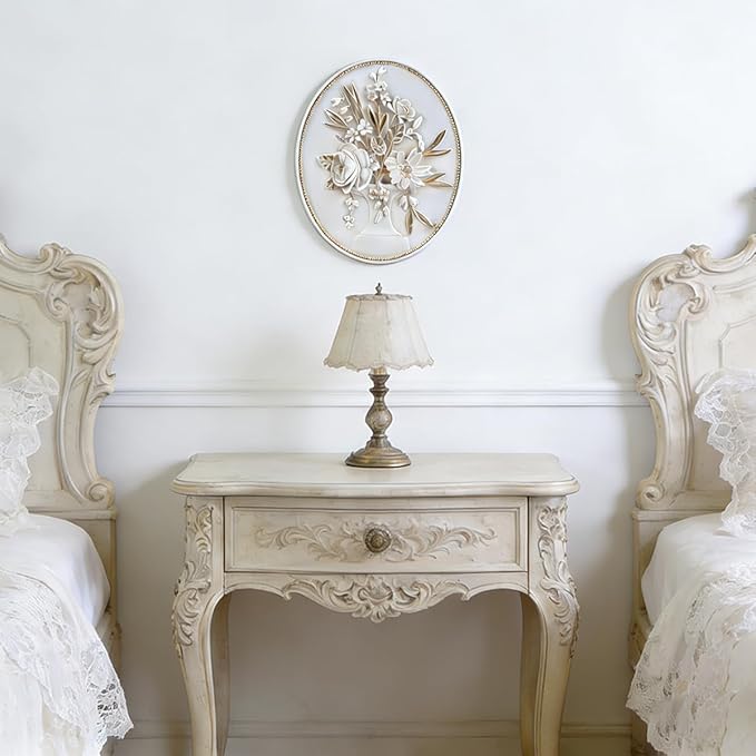 SIKOO Vintage Wall Sculptures White Flower Wall Art Hand Painted Ornate Wall Hanging Decoration Antique Pediment Wall Statue Ornament Decor Gallery for Kitchen Bedroom Living Room