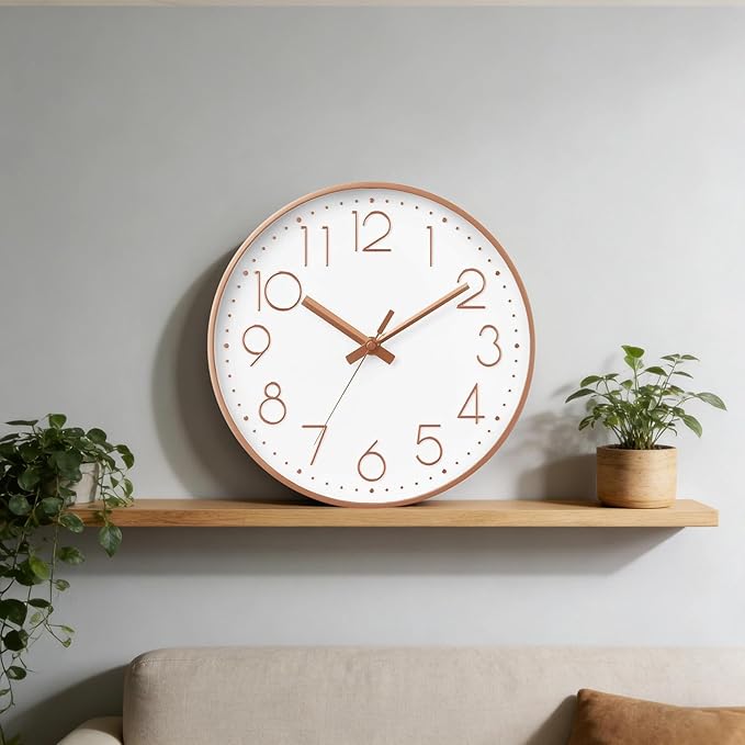 Wall Clock - 12 Inch Silent Non-Ticking Modern 3D Wall Clocks Battery Operated - Decorative Clock for Kitchen, Home Office, Bathroom, Bedroom, Living Room(Rose Gold)